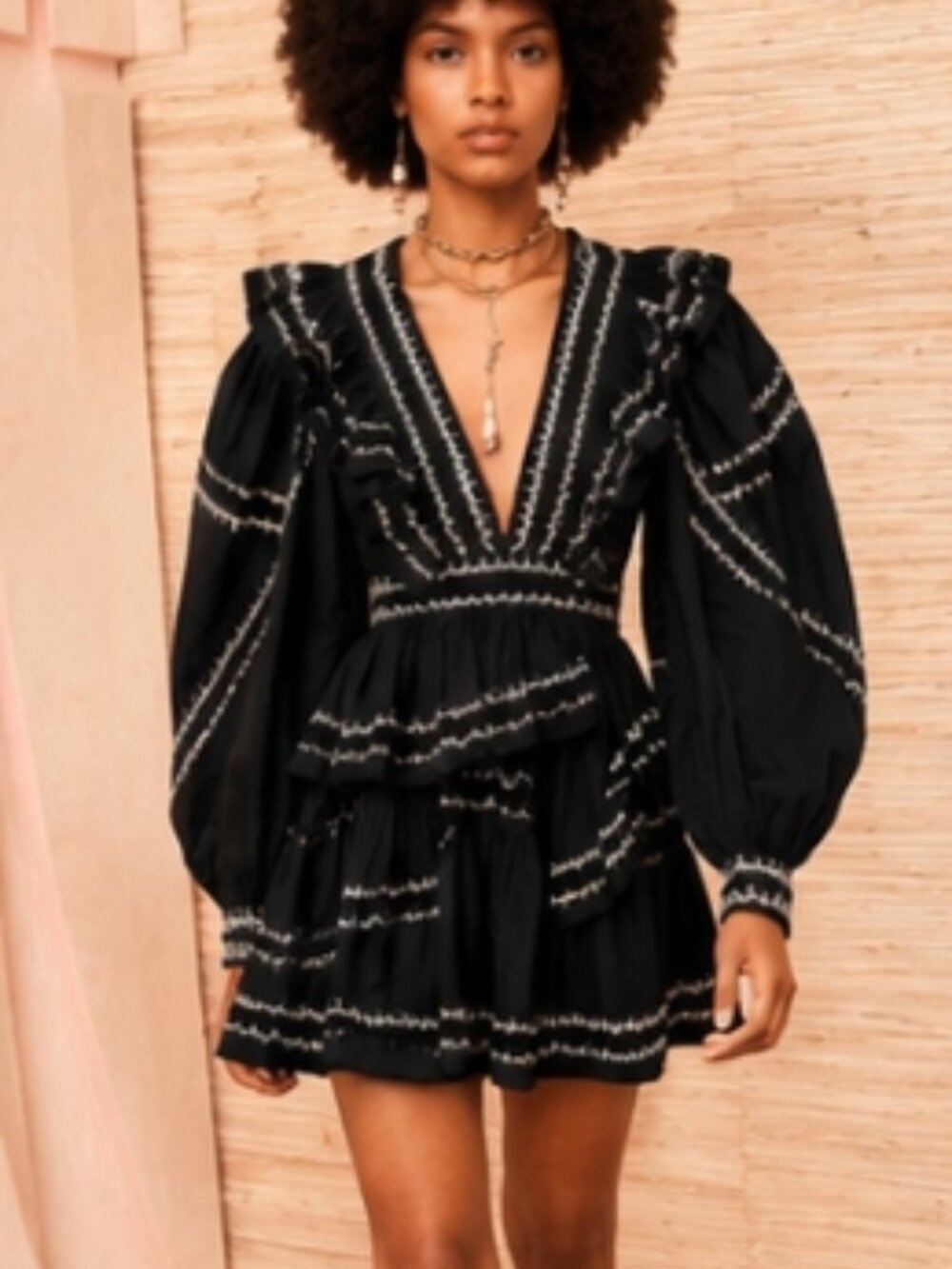 NWOT Women's Ulla Johnson Anais Ruffle V-Neck Mini Dress in Noir XS $745